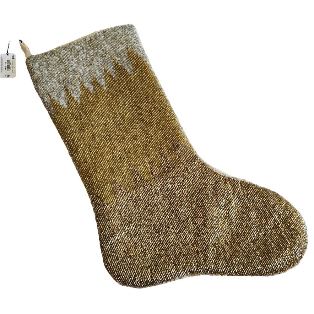Pier 1 Imports Beaded Embellished Ornate Christmas Stocking Gold Silver Bronze 2